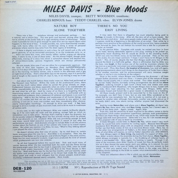 Image of Back Cover of LP - VG/VG - MILES DAVIS, Blue Moods (Debut Records; VIJ-5009M, Japan 1976 Reissue, Pasteback Sleeve, Insert, Missing the OBI), Light hairlines. Sleeve has edgewear and a patch where a sticker is half-removed. Small pen marks on rear.,  - 3926368E