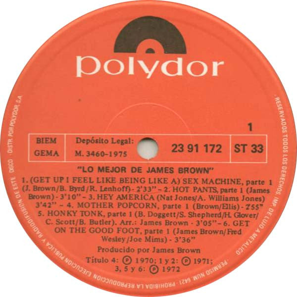 Image of Label Cover of LP - VG/VG - JAMES BROWN, Lo Mejor De James Brown (Polydor Red Label; 23 91 172, Spain 1975, Laminated Sleeve), ,  - 3926369E