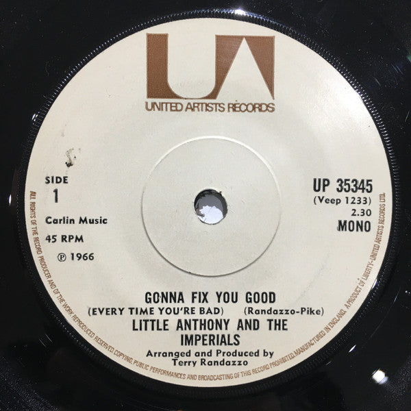 Image of Front Cover of 7" - /VG - LITTLE ANTHONY AND THE IMPERIALS, Gonna Fix You Good / You Better Take It Easy Baby (United Artists Records; UP 35345, UK 1972 Reissue, Mono), ,  - 3916439C