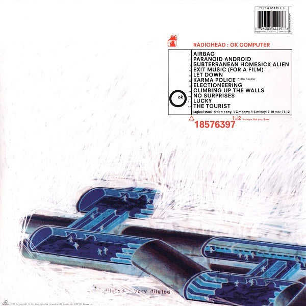 Image of Back Cover of 2xLP - VG/VG+ - RADIOHEAD, OK Computer (Parlophone; NODATA 02, UK 1998 Reissue, Promo Stickered Back Sleeve, Gatefold, 2 Inners), Ring Wear, Light Sleeve Wear, Light Corner Dints,  - 3946254S