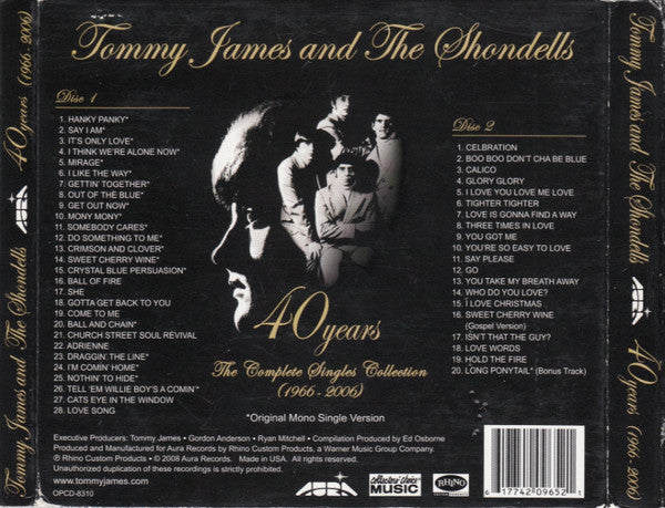 Image of Back Cover of 2xCD - VG+/EX - TOMMY JAMES & THE SHONDELLS, 40 Years (1966-2006) The Complete Singles Collection (Aura Records ; OPCD-8310, US 2008, Digipak), ,  - 3956231S