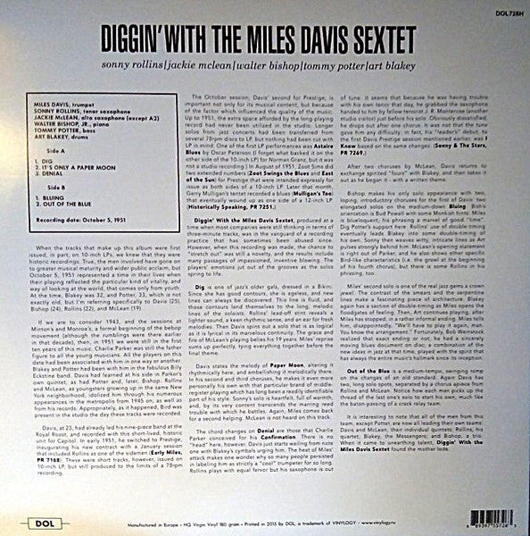 Image of Back Cover of LP - G+/VG - THE MILES DAVIS SEXTET, Diggin' With The Miles Davis Sextet (DOL; DOL726H, Europe 2015 Reissue, 180g), Circular mark / scuff at end of side one. Sleeve has some creasing / damage along opening, wear at corners,  - 3916454C