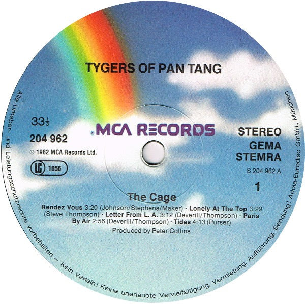 Image of Label Cover of LP - VG/VG - TYGERS OF PAN TANG, The Cage (MCA Records Rainbow labels With German Rim Text; 204 962, Europe 1982, Inner), ,  - 3916462C