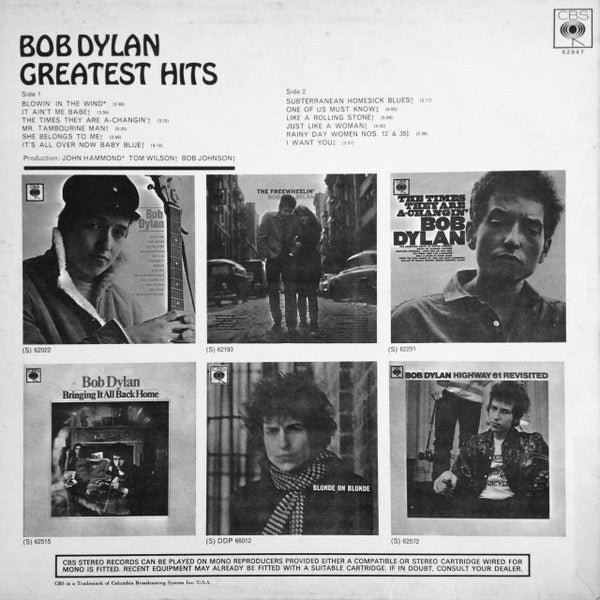 Image of Back Cover of LP - VG/VG+ - BOB DYLAN, Greatest Hits (CBS Orange Labels With Two Small Pressing Rings; SBPG 62847, UK 1971 Reissue), Clean glossy disc, A couple of corner bumps and spine pinch. ,  - 3916464C