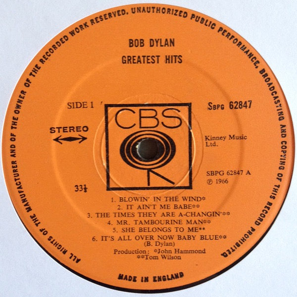 Image of Label Cover of LP - VG/VG+ - BOB DYLAN, Greatest Hits (CBS Orange Labels With Two Small Pressing Rings; SBPG 62847, UK 1971 Reissue), Clean glossy disc, A couple of corner bumps and spine pinch. ,  - 3916464C