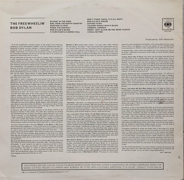 Image of Back Cover of LP - VG/VG+ - BOB DYLAN, The Freewheelin' Bob Dylan (CBS Sunburst Labels; S BPG 62193, UK 1970s Reissue), Lightly worn sleeve, Clean and glossy disc ,  - 3916465C