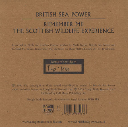 Image of Back Cover of 7" - VG+/VG+ - BRITISH SEA POWER, Remember Me (Rough Trade; rtrades125, UK 2003, Picture Sleeve), Remember Them: T La Rock.,  - 3916256C