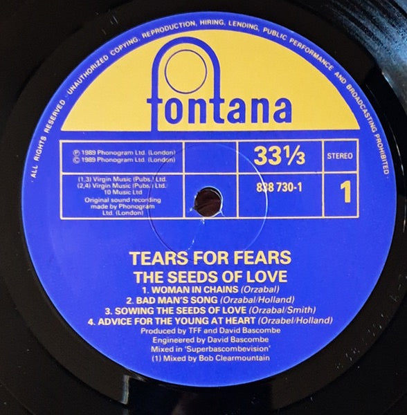Image of Label Cover of LP - VG+/G+ - TEARS FOR FEARS, The Seeds Of Love (Fontana Blue & Gold Labels; 838 730-1, UK 1989, Hype Stickered Sleeve, Inner With Thumb Cut & Company Insert), Hairline marks, Crisp & clean sleeve, Some patches of staining to inner,  - 3916472C