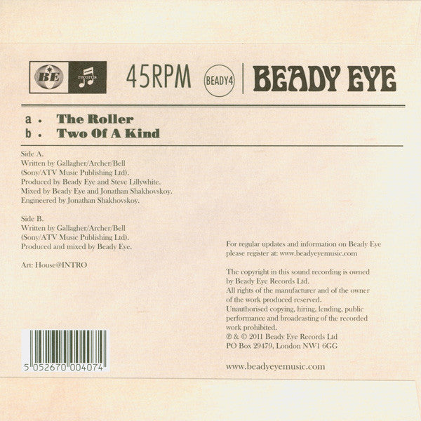 Image of Back Cover of 7" - VG+/VG - BEADY EYE, The Roller (Beady Eye Records; BEADY4, UK 2011, Picture Sleeve), Strong VG,  - 3916423C
