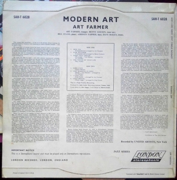 Image of Back Cover of LP - VG/VG - ART FARMER, Modern Art (London Records; SAH-T 6028, UK 1960, Laminated Flipback Sleeve), Some staining and creases to sleeve. Only a few light marks to vinyl.,  - 3916499C