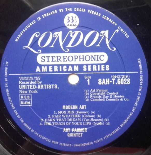 Image of Label Cover of LP - VG/VG - ART FARMER, Modern Art (London Records; SAH-T 6028, UK 1960, Laminated Flipback Sleeve), Some staining and creases to sleeve. Only a few light marks to vinyl.,  - 3916499C