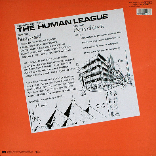 Image of Back Cover of LP - VG/VG - THE HUMAN LEAGUE, Being Boiled / Circus Of Death (EMI; 1C K 052 20 1128 6, Europe 1986 Reissue), Hairlines, sticker damage, ring wear,  - 3946259S