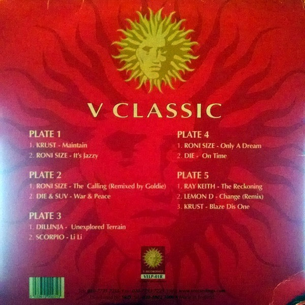 Image of Back Cover of 5xLP - VG/VG+ - VARIOUS, V Classic (V Recordings; VELP 01R, UK 2000 Reissue), Records are in excellent condition, A DJ Krust   MaintainB Roni Size   It's JazzyC Goldie   The Calling (Remix)D DJ Die & Suv   War & PeaceE Dillinjah   Unexplored TerrainF Scorpio  Li LiG Roni Size   Only A DreamH DJ Die   On TimeI Ray Keith   The ReckoningJ1 Lemon D   Change (Remix)J2 DJ Krust   Blaze Dis One - 3946427S