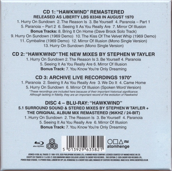Image of Back Cover of 4xCD - EX/M - HAWKWIND, Hawkwind (Atomhenge ; ATOMCD 41058, UK & Europe 2026, 3xCD. 1xBluRay. Remastered. New Mixes. 5.1 on Bluray. Live 1970), Sealed,  - 3936211E
