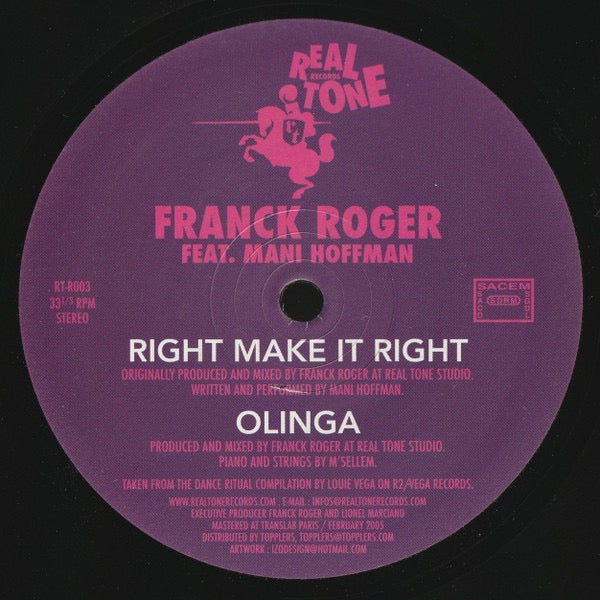 Image of Back Cover of 12" - VG/VG - FRANCK ROGER FEAT. MANI HOFFMAN, Right Make It Right (Real Tone Records; RT-R003, France 2005, Stickered Plain Sleeve), Storage marks. Ringwear to sleeve., 1		Right Make It Right (Original Version)A2		OlingaB		Right Make It Right (Osunlade Remix) - 3916514C