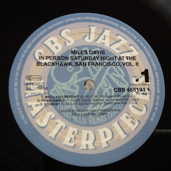 Image of Label Cover of LP - VG/G+ - MILES DAVIS, In Person, Saturday Night At The Blackhawk, San Francisco, Volume 2 (CBS; CBS 465191 1, Europe 1989 Reissue, Inner), Quite a few fine hairlines to disc.,  - 3916508C