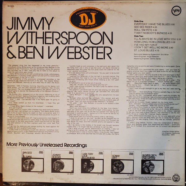 Image of Back Cover of LP - VG/VG - JIMMY WITHERSPOON & BEN WEBSTER, Previously Unreleased Recordings (Verve Records; V6-8835, US 1974, Promo, Pasteback Sleeve), Sleeve still in shrink but there is some damage to spine. Storage marks to disc.,  - 3916509C