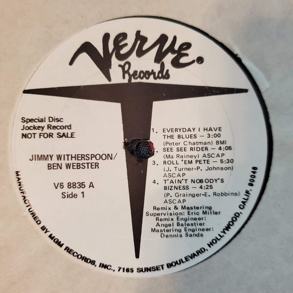 Image of Label Cover of LP - VG/VG - JIMMY WITHERSPOON & BEN WEBSTER, Previously Unreleased Recordings (Verve Records; V6-8835, US 1974, Promo, Pasteback Sleeve), Sleeve still in shrink but there is some damage to spine. Storage marks to disc.,  - 3916509C