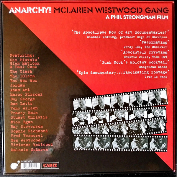 Image of Back Cover of LP - VG+/VG+ - PHIL STRONGMAN, Anarchy! McLaren Westwood Gang (Cadiz Music And Digital Ltd; CADIZBX321, UK 2026, Box Set, 2 Posters, 3 Postcards, Print, 3 Badges, Patch, Red & Black Splatter Vinyl, with CD, DVD, Zine, tote bag, shot glass, Ltd to 500, Numbered), No. 405.,  - 3946400S