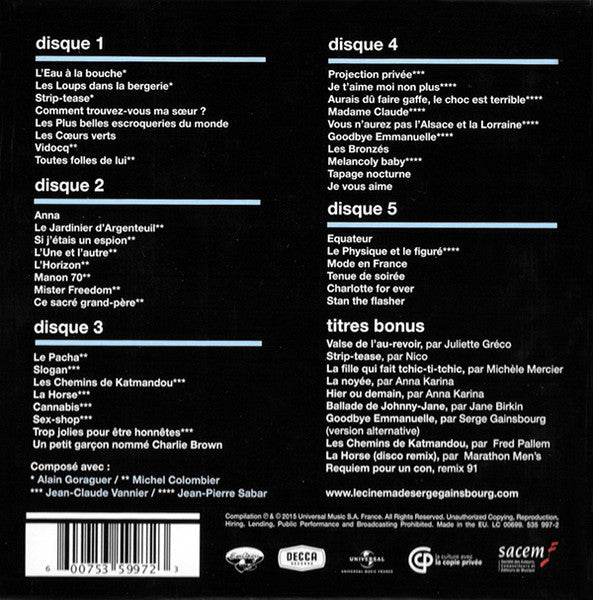 Image of Back Cover of 5xCD - VG+/VG+ - SERGE GAINSBOURG, Le Cin ma De Serge Gainsbourg (Emarcy; 535 997-2, France 2015, Box Set), ,  - 4056022S
