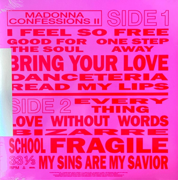 Image of Back Cover of LP - VG+/VG+ - MADONNA, Confessions II (Maverick; 093624822783, Worldwide 2026, Inner, Poster, Translucent Red Vinyl), Still in opened shrinkwrap with hype sticker. Sleeve has a corner crease.,  - 3916553C