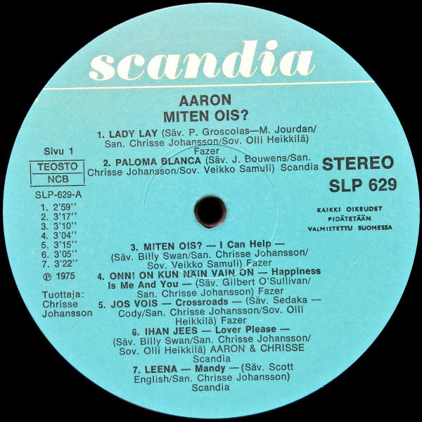 Image of Label Cover of LP - G+/VG+ - AARON, Miten Ois? (Scandia; SLP 629, Finland 1975), Bit of front cover image torn off at the bottom. Liquid stain on rear. Sticker removal tear on top left.One hairline that does not affect play.,  - 4026004E