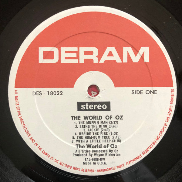 Image of Label Cover of LP - VG/VG+ - THE WORLD OF OZ, The World Of Oz (Deram Red/White; DES 18022, US 1969, Stickered Picture Sleeve, Company Inner), White promo sticker on front cover. A few of the lightest hairlines only. Edgewear. Bumped corner. A little ringwear. Discolouration on sleeve rear.,  - 4026006E