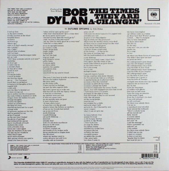 Image of Back Cover of LP - EX/EX - BOB DYLAN, The Times They Are A-Changin' (Columbia; CL 2105, Europe 2017 Reissue, Insert, 180g), Still In Opened Shrinkwrap,  - 3916557C