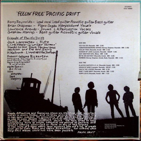 Image of Back Cover of LP - VG+/VG+ - PACIFIC DRIFT, Feelin' Free (Deram Orange/White; DES 18040, US 1970, Pasteback Sleeve, Company Inner), Mild edgewear.,  - 4026008E