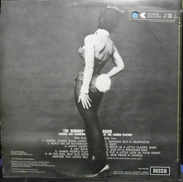 Image of Back Cover of LP - VG/VG+ - THE PLAYBOY BUNNIES, The Bunnies Again - Singing and Swinging at The London Playboy (Decca Blue Unboxed; SKL.5026, UK 1969, Laminated Front Sleeve, Company Inner, Stereo), ,  - 4026009E