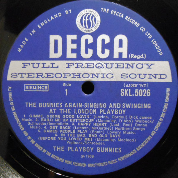 Image of Label Cover of LP - VG/VG+ - THE PLAYBOY BUNNIES, The Bunnies Again - Singing and Swinging at The London Playboy (Decca Blue Unboxed; SKL.5026, UK 1969, Laminated Front Sleeve, Company Inner, Stereo), ,  - 4026009E