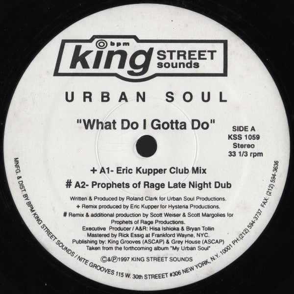 Image of Back Cover of 12" - VG/VG - URBAN SOUL, What Do I Gotta Do (BPM King Street Sounds; KSS 1059, US 1997, Stickered Plain Sleeve), ,  - 4016010C