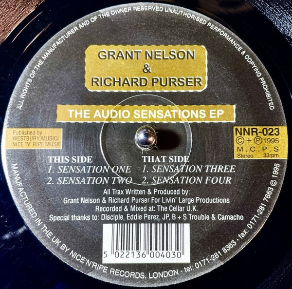 Image of Back Cover of 12" EP - /G+ - GRANT NELSON & RICHARD PURSER, The Audio Sensations EP (Nice 'N' Ripe; NNR-023, UK 1995), Lots of light marks and hairlines., A1		Sensation One	A2		Sensation Two	B1		Sensation Three	B2		Sensation Four	 - 4016011C