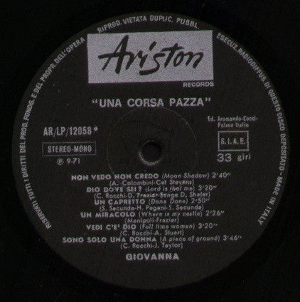 Image of Label Cover of LP - VG/EX - GIOVANNA NOCETTI, Una Corsa Pazza (Ariston; AR LP 12058, Italy 1971), ,  - 4026015E