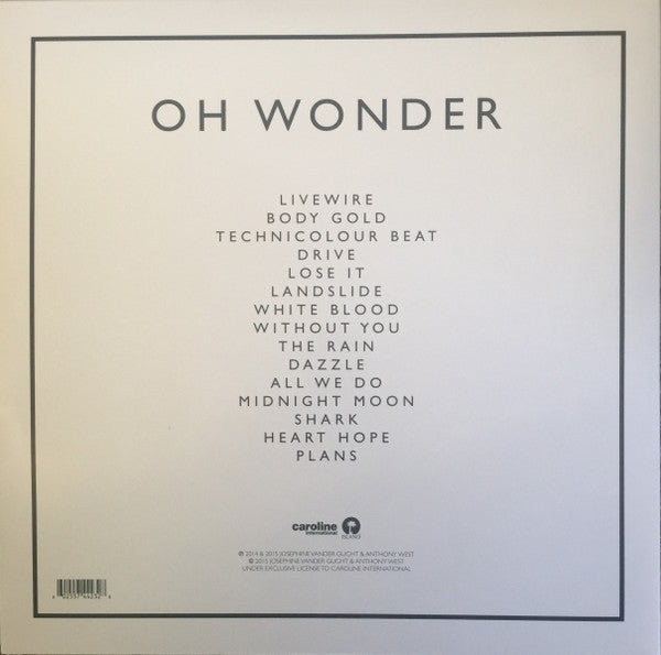Image of Back Cover of 2xLP - VG/VG+ - OH WONDER, Oh Wonder (Caroline International; OHWLP1, UK 2017 Reissue, Gatefold), SIGNED, edge wear, sticker remnants on back cover,  - 4046028S