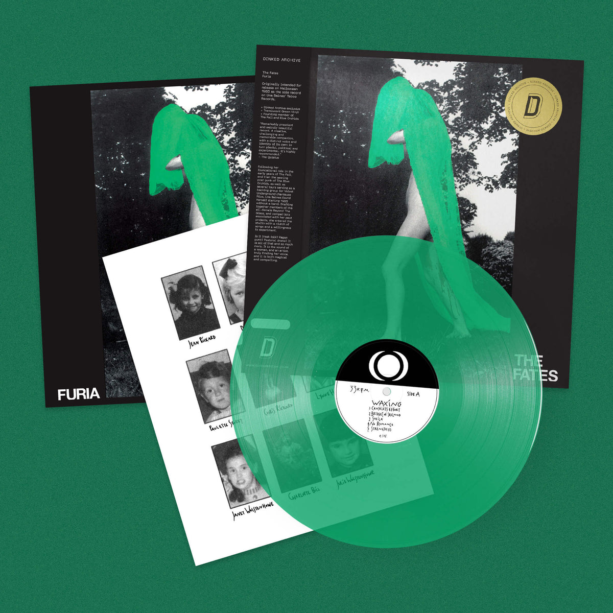 Image of Front Cover of LP - NEW/NEW - THE FATES, Furia - Dinked Edition (Extended Voices; E102DE, UK 2026 Reissue, Translucent Green Vinyl, Numbered Limited Edition of 350, Dinked Archive Edition No. 38, 12" x 12" print, Dinked OBI strip & gold foil archive sticker.), , Following her foundational role in the early years of The Fall, and then the searing post punk of The Blue Orchids, as well as several tours serving as a backing group for Velvet Underground chanteuse Nico, Una Baines found herself starting