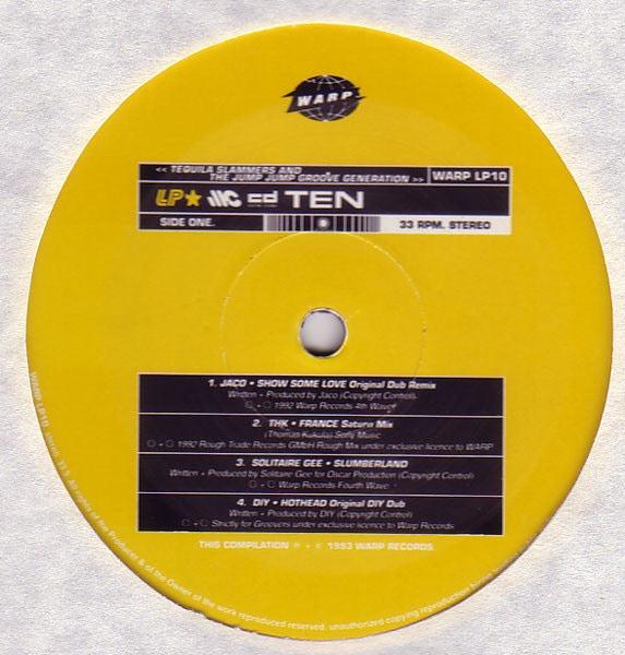 Image of Back Cover of LP - VG+/VG - VARIOUS, Tequila Slammers And The Jump Jump Groove Generation (Warp Records; WARP LP10, UK 1993), Light fogging doesnt affect playback.,  - 4016015C
