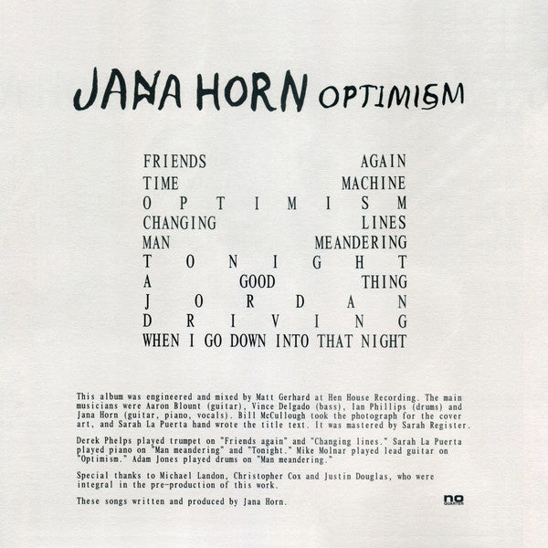 Image of Back Cover of LP - EX/EX - JANA HORN, Optimism (No Quarter ; NOQ 079-1, USA & Europe 2022 Reissue, Textured Sleeve, Rust Coloured Vinyl), ,  - 3926452E