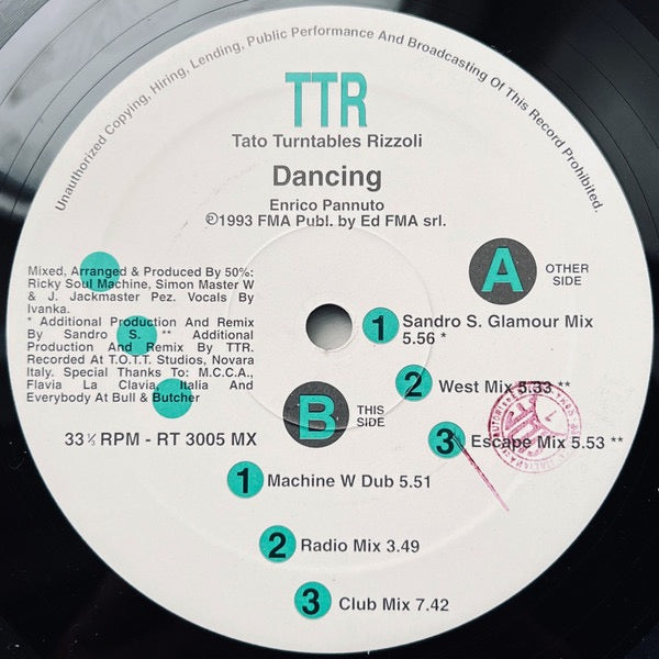 Image of Front Cover of 12" - /G+ - TTR (TATO TURNTABLES RIZZOLI), Dancing (Rolling Tune Recordings; RT 3005 MX, Italy 1993), Light marks and scuffs, A1		Dancing (Sandro S. Glamour Mix)5:56A2		Dancing (West Mix)5:33A3		Dancing (Escape Mix)5:53B1		Dancing (Machine W Dub)	5:51B2		Dancing (Radio Mix)	3:49B3		Dancing (Club Mix)	7:42 - 4016071C