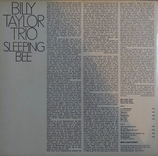 Image of Back Cover of LP - VG/VG+ - BILLY TAYLOR TRIO, Sleeping Bee (MPS Records; MPS 15 234, Germany ), ,  - 4046072S