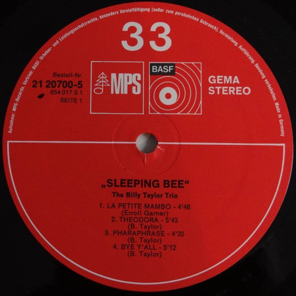 Image of Label Cover of LP - VG/VG+ - BILLY TAYLOR TRIO, Sleeping Bee (MPS Records; MPS 15 234, Germany ), ,  - 4046072S