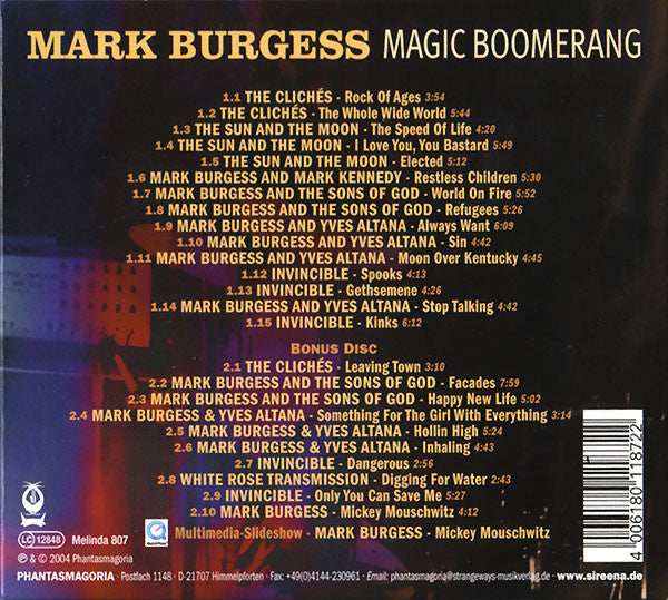 Image of Back Cover of 2xCD - VG+/EX - MARK BURGESS, Magic Boomerang (Phantasmagoria; Melinda 807, Germany 2004), ,  - 4056067S