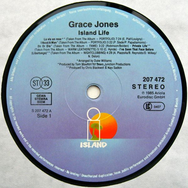 Image of Label Cover of LP - VG/VG - GRACE JONES, Island Life (Island Records; 207 472, Europe 1985, Gatefold), Hype stickered sleeve.,  - 4016064C