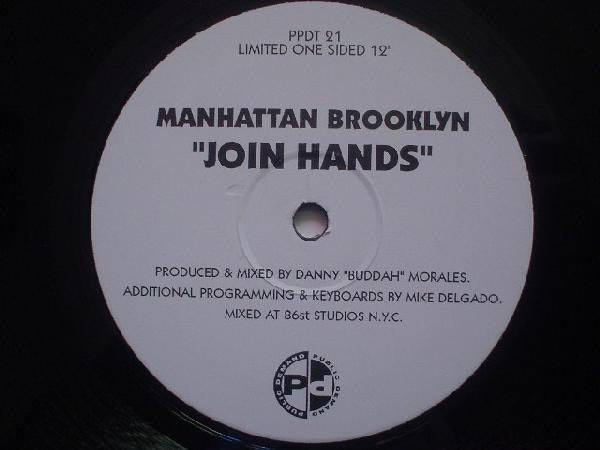 Image of Front Cover of 12" - /G+ - MANHATTAN BROOKLYN, Join Hands (Public Demand; PPDT 21, UK 1996, Die Cut Company Sleeve, Single Sided), Hairlines + faint yellow marker on label.,  - 4016076C