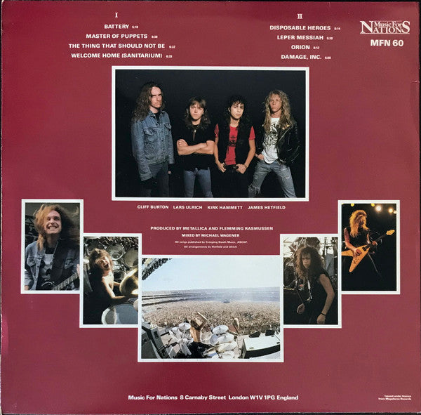 Image of Back Cover of LP - VG/G - METALLICA, Master Of Puppets (Music For Nations; MFN 60, UK 1986, Inner, Aston Clinton Pressing, A3/B3 matrix, First UK pressing issued with "yellow / man with red flag" labels), Scratches, some feelable, edge wear,  - 4046051S