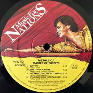 Image of Label Cover of LP - VG/G - METALLICA, Master Of Puppets (Music For Nations; MFN 60, UK 1986, Inner, Aston Clinton Pressing, A3/B3 matrix, First UK pressing issued with "yellow / man with red flag" labels), Scratches, some feelable, edge wear,  - 4046051S
