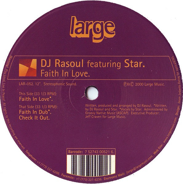 Image of Front Cover of 12" - G+/G+ - DJ RASOUL FEATURING STAR, Faith In Love (Large Records; LAR-052, US 2000), A side extensively marked and scratched, B side VG. Sleeve has old sticker on it.,  - 4016077C