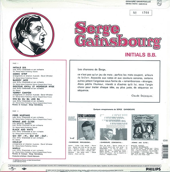 Image of Back Cover of LP - VG+/VG - SERGE GAINSBOURG, Initials B.B. (Philips; 548 612-1, France 2001 Reissue, Flipback Sleeve, Numbered Limited Edition), Light manufacture marks, Plays great, Sleeve still in opened shrinkwrap,  - 4016102C
