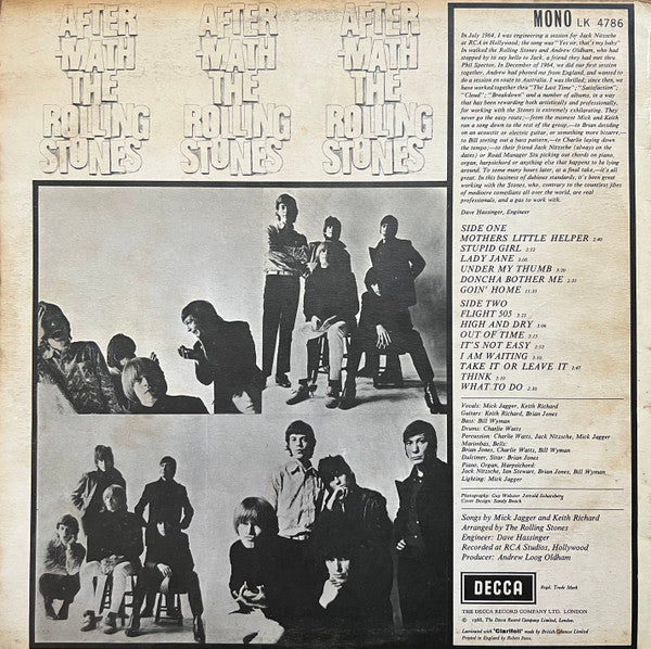 Image of Back Cover of LP - VG/G+ - THE ROLLING STONES, Aftermath (Decca Red Unboxed; LK4786, UK 1966, Laminated Front Robert Stace Sleeve, Mono, No Shadow On Title, Mirage Below Stacked Rights, XARL-7210-4A/1B), Nice sleeve, Front is VG+, Rear has light aged staining, Disc has lots of very fine wispy hairline marks, Visible under strong light, good gloss to disc and plays well,  - 4016103C