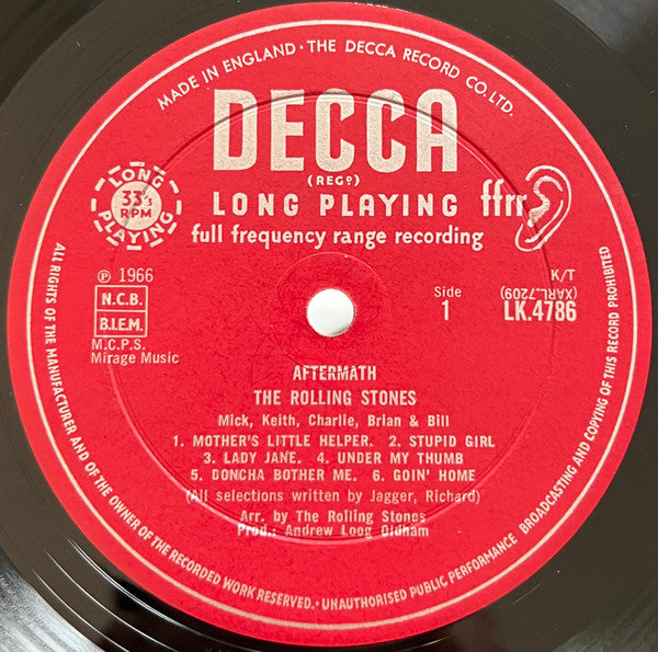 Image of Label Cover of LP - VG/G+ - THE ROLLING STONES, Aftermath (Decca Red Unboxed; LK4786, UK 1966, Laminated Front Robert Stace Sleeve, Mono, No Shadow On Title, Mirage Below Stacked Rights, XARL-7210-4A/1B), Nice sleeve, Front is VG+, Rear has light aged staining, Disc has lots of very fine wispy hairline marks, Visible under strong light, good gloss to disc and plays well,  - 4016103C